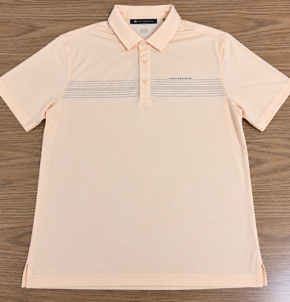 TravisMathew Men’s Large Polo Shirt Light Orange Peach Striped Golf Performance